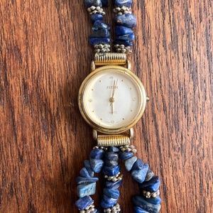 Vintage FIERA Women's 28mm Gold Plated Quartz Watch Blue Pebble Stone Bracelet